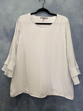 Valerie Stevens White Blouse with Navy Blue Polka Dots & Ruffle Sleeves L